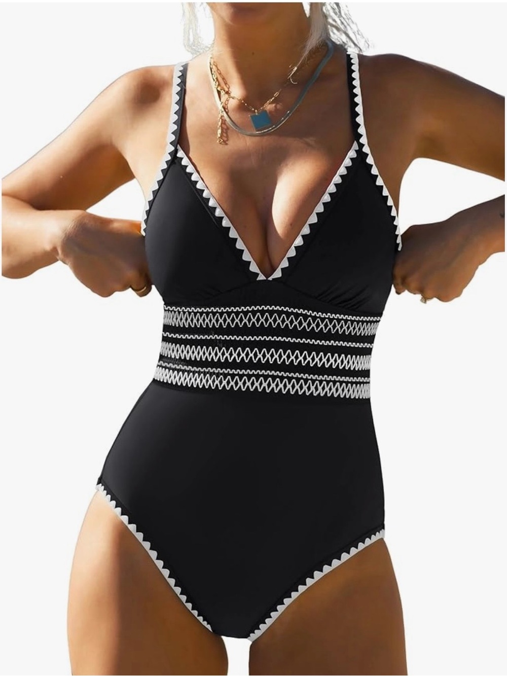 Black One-Piece Swimsuit with White Zigzag Trim